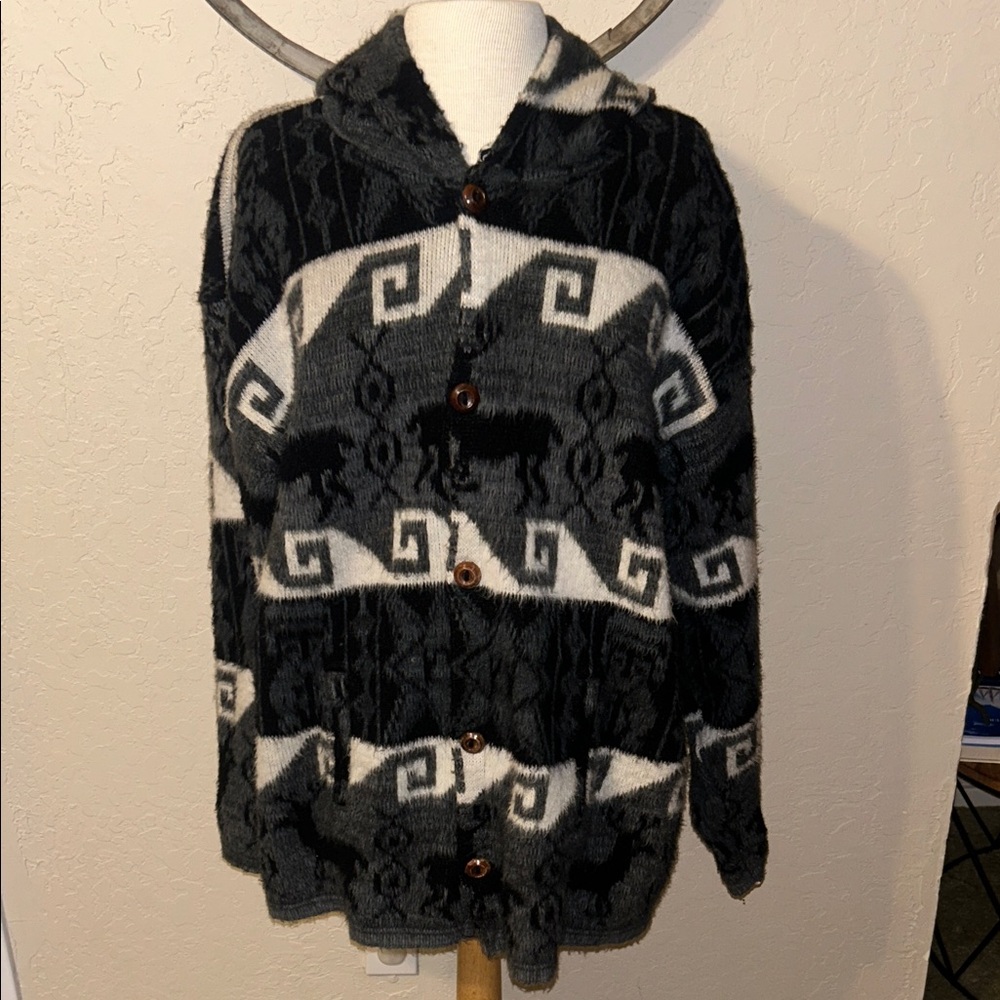 Wool Alpaca Print Hooded Cardigan Button Up Sweater-